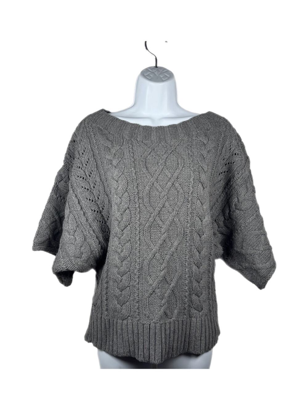 Express Sweater Womens M Gray Cable Knit Boat Neck Short Dolman Sleeve Pullover